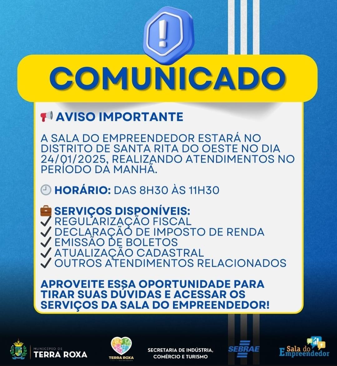 Terra Roxa - Sala do Empreendedor realizará atendimentos em Santa Rita do Oeste nesta quarta-feira