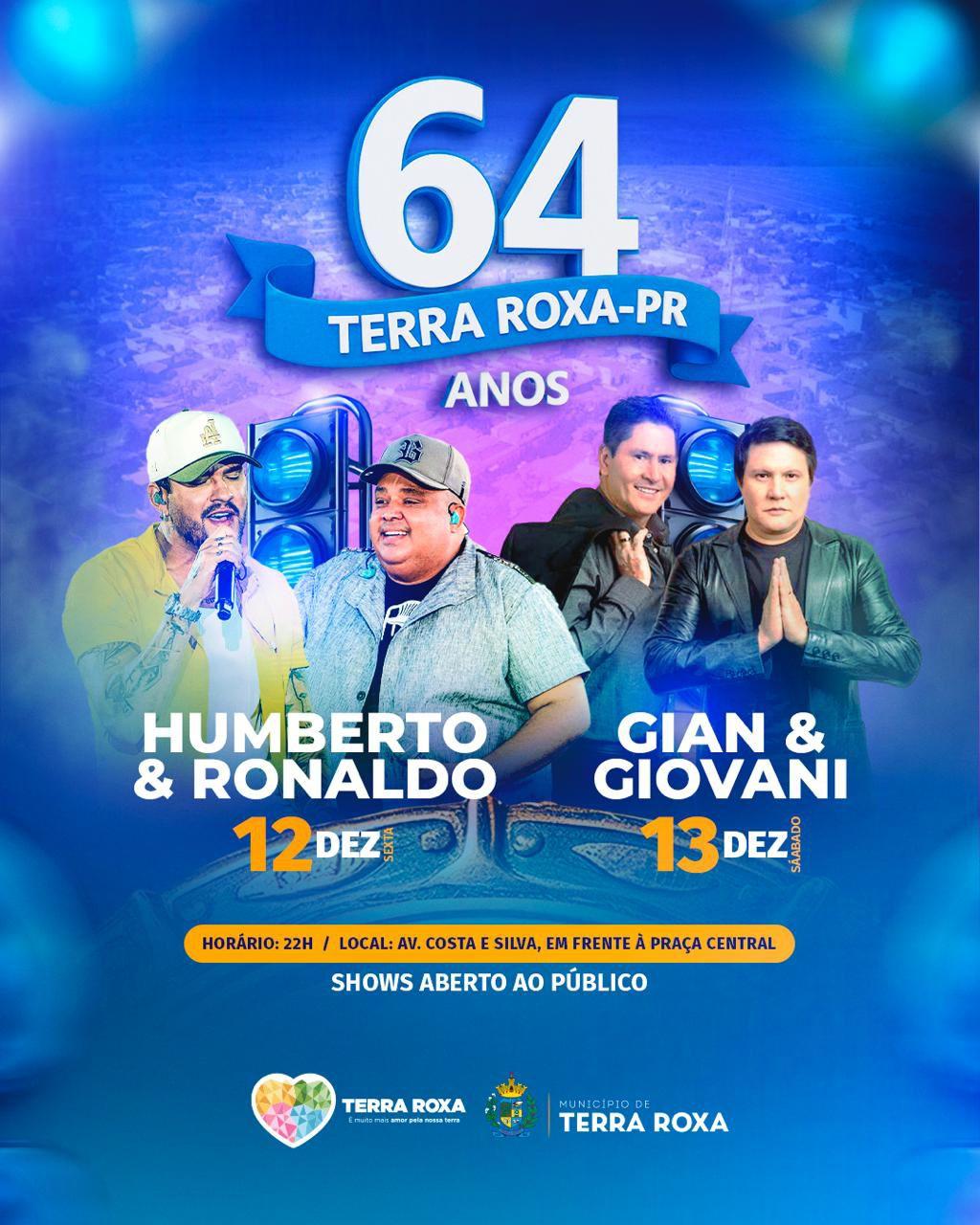 Terra Roxa celebra 64 anos com shows de Humberto & Ronaldo e Gian & Giovani