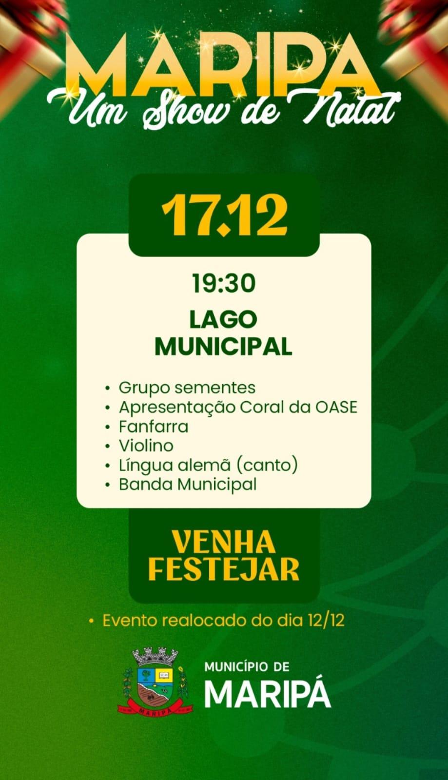 Maripá - Programação natalina acontece hoje no Lago Municipal