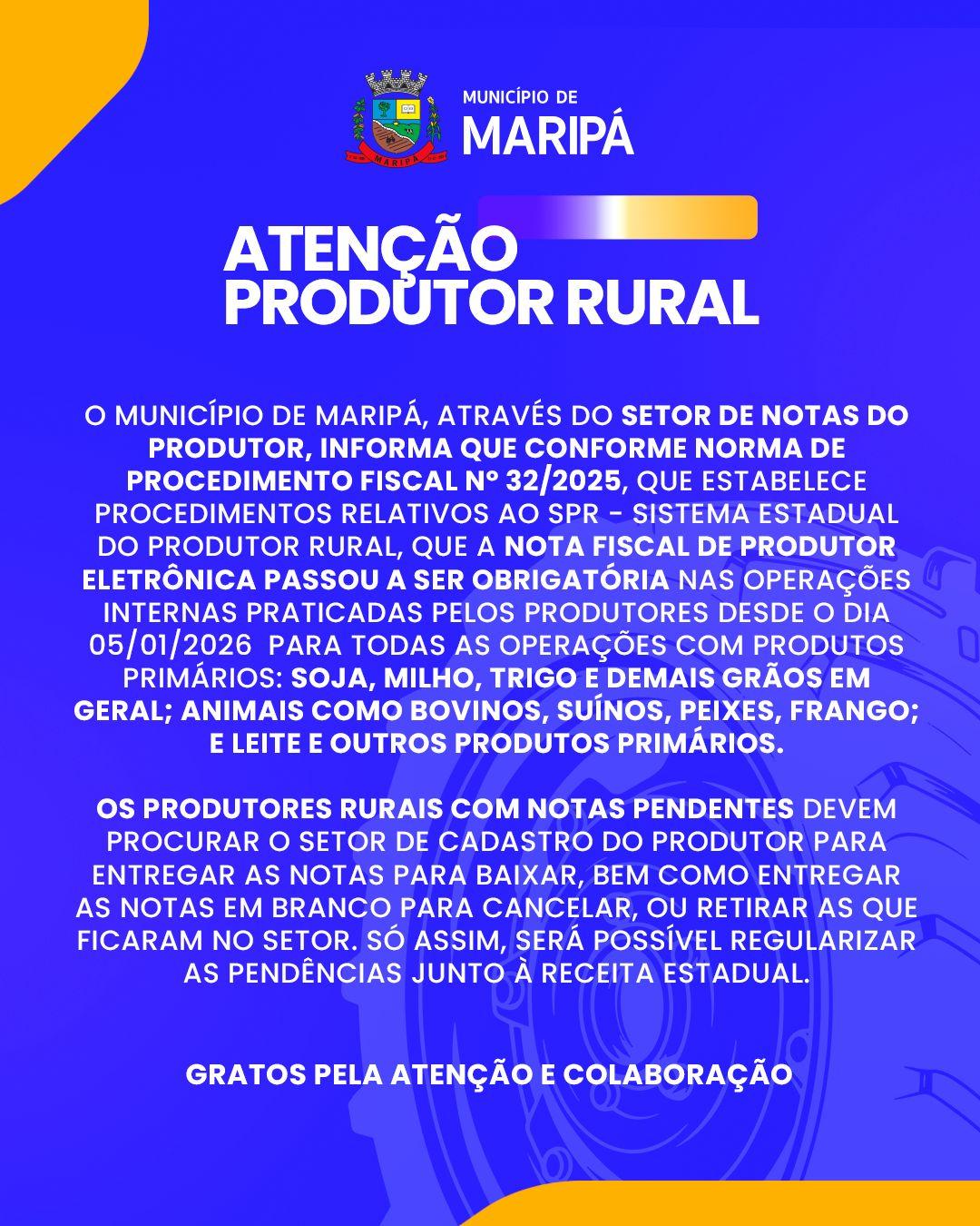 Nota Fiscal de Produtor Eletrônica passa a ser obrigatória para produtores rurais de Maripá