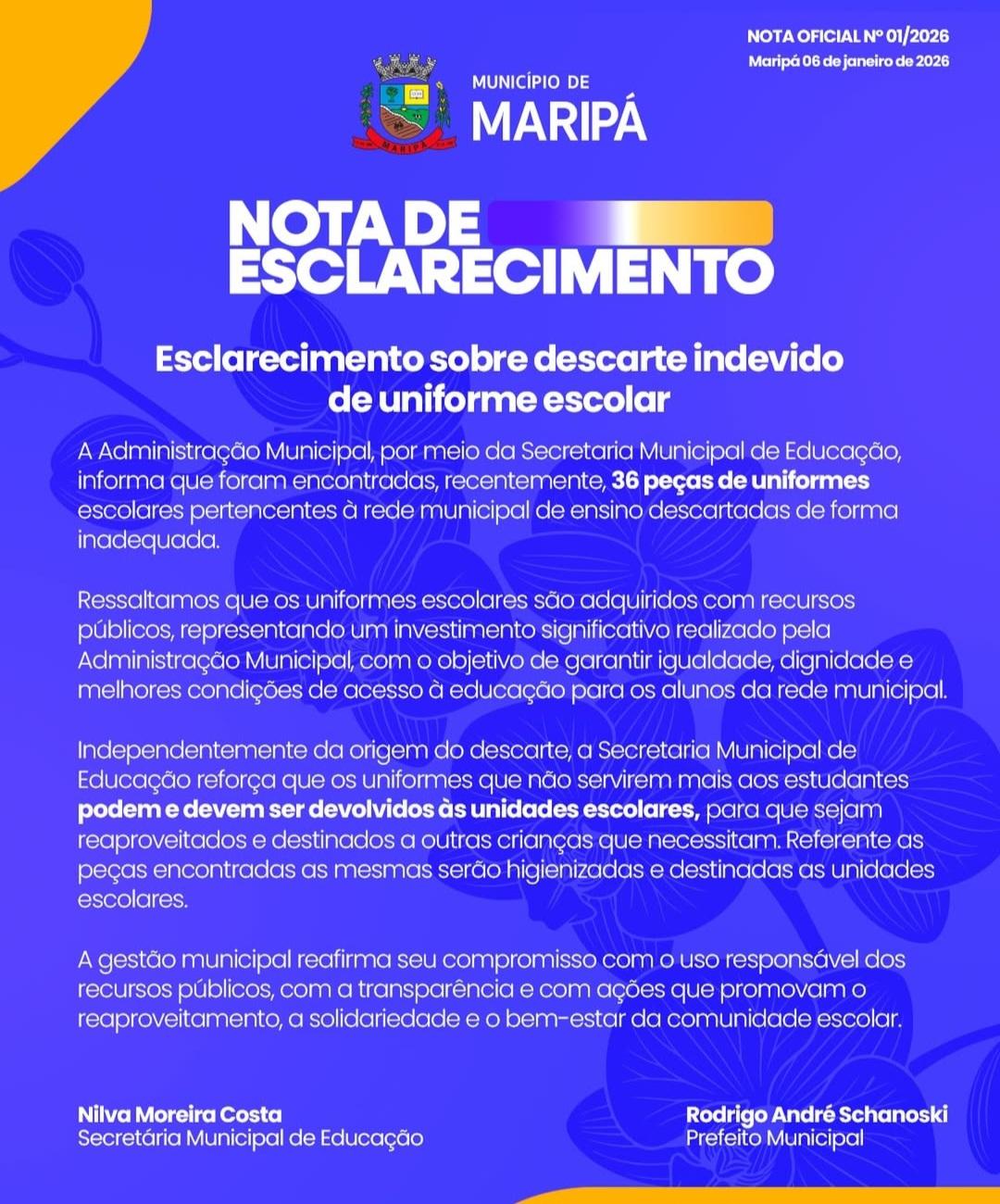 Prefeitura de Maripá esclarece descarte indevido de uniformes escolares