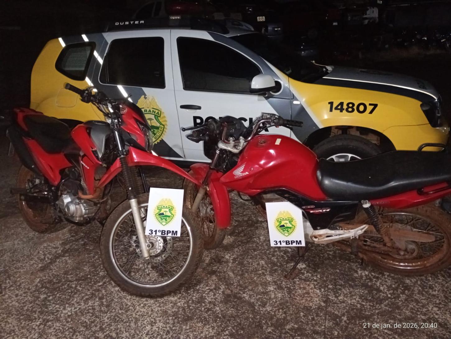 Terra Roxa - Polícia Militar recupera duas motocicletas furtadas e encaminha adolescente à delegacia