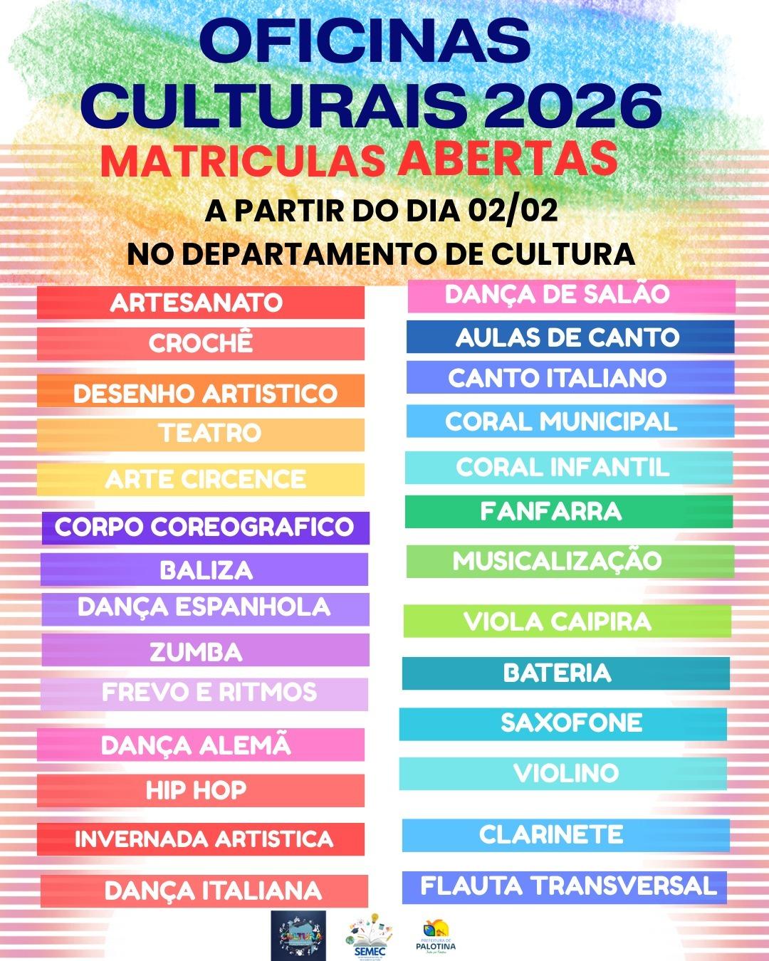  Prefeitura abre matrículas para as Oficinas Culturais 2026