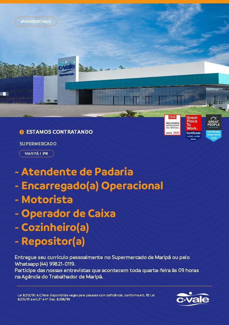 Supermercado CVale realiza entrevistas de emprego nesta quarta-feira em Maripá