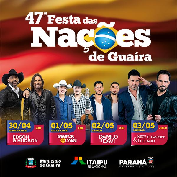 Festa das Nações começa quinta-feira com shows nacionais gratuitos, gastronomia e R$ 100 mil em prêmios em Guaíra