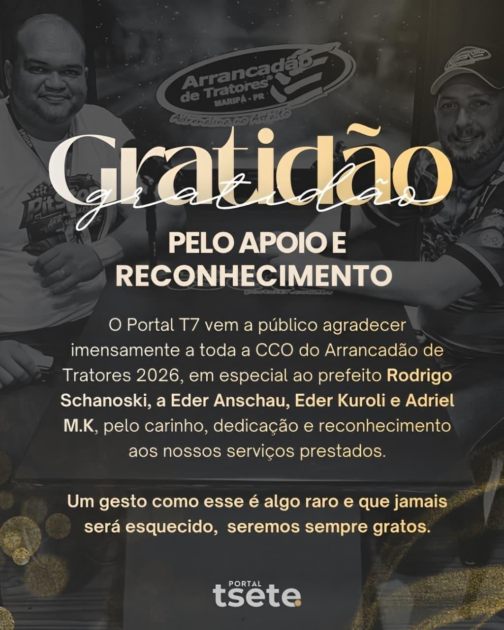 Portal TSete agradece reconhecimento da organização do Arrancadão de Tratores 2026