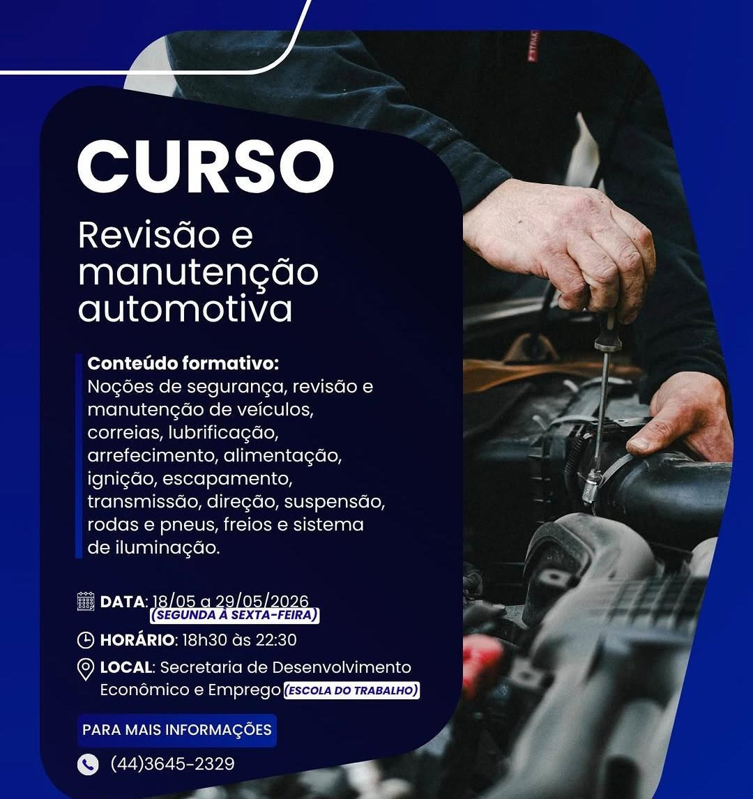 Terra Roxa abre inscrições para curso gratuito de revisão e manutenção automotiva