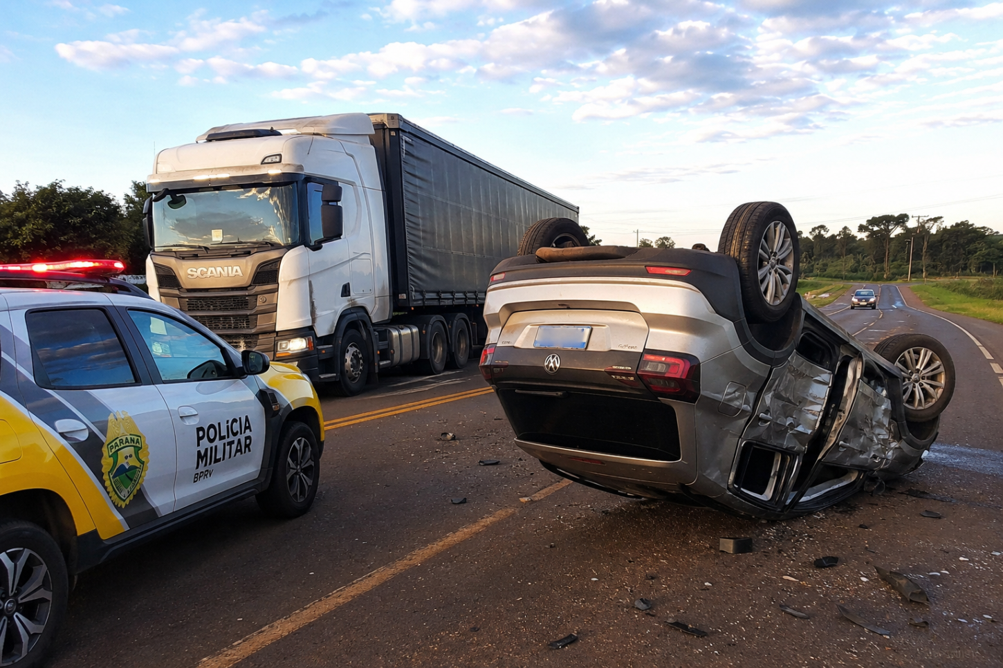 Motorista cochila ao volante, colide com carreta e capota na PR-182 em Palotina