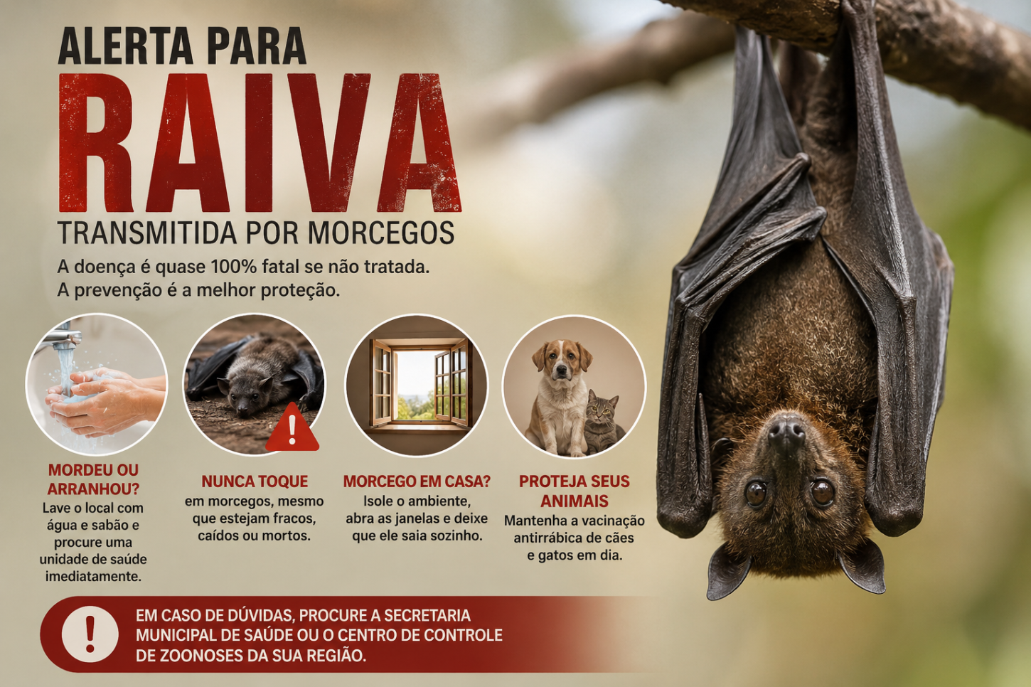 Saúde alerta para risco de raiva transmitida por morcegos