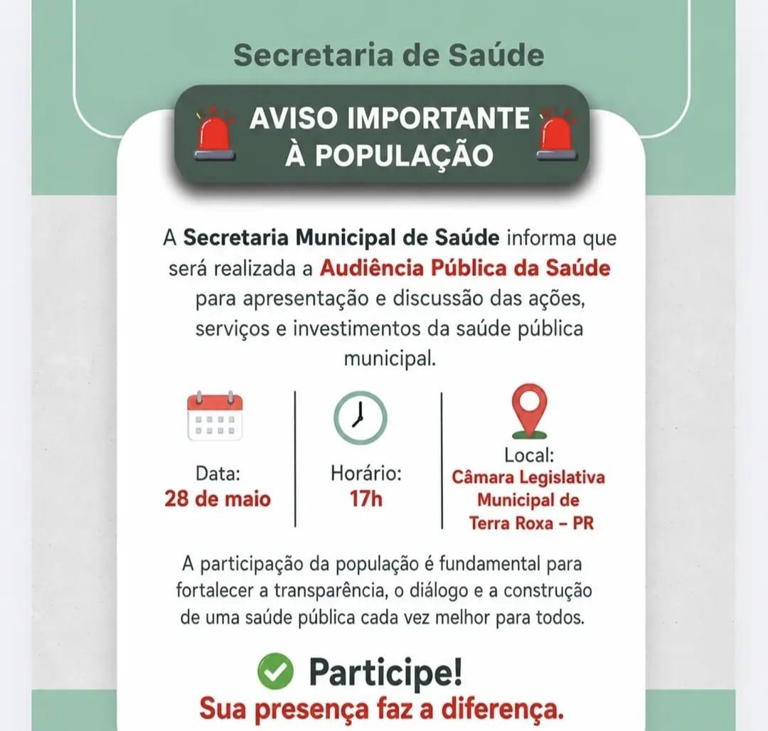 Secretaria de Saúde de Terra Roxa convida população para Audiência Pública da Saúde nesta quinta-feira (28)