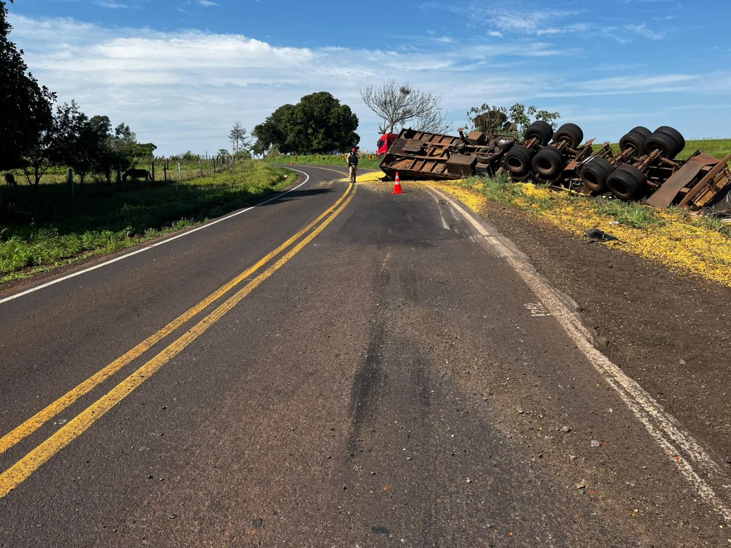Caminhão sai da pista e colide com árvores na PR-496, em Terra Roxa