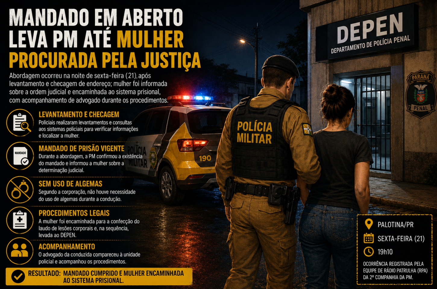 Mandado em aberto leva PM até mulher procurada pela Justiça em Palotina