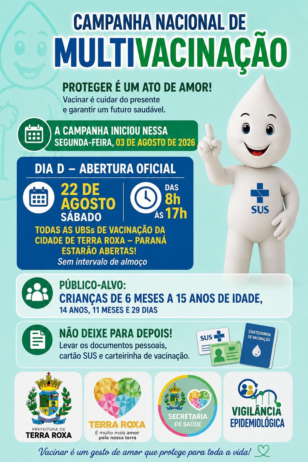 Terra Roxa inicia Campanha Nacional de Multivacinação para atualizar caderneta de crianças e adolescentes