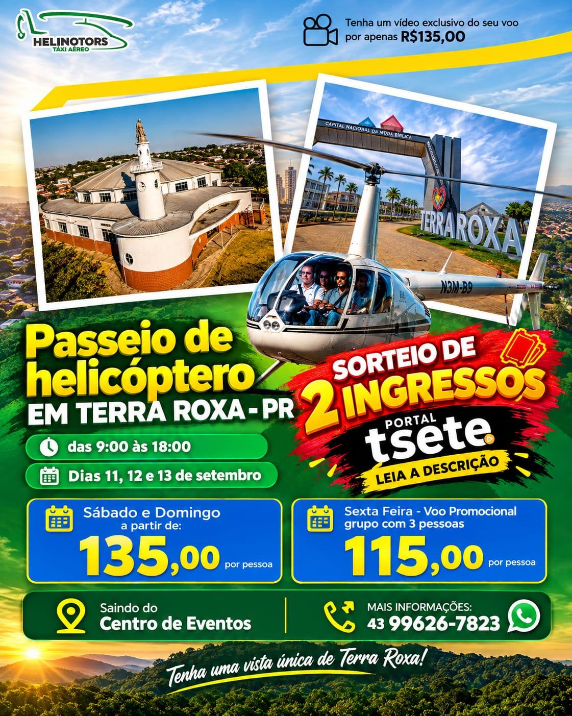Portal TSete e Helimotors sorteiam dois voos panorâmicos de helicóptero durante o 1º Rodeio da Independência em Terra Roxa
