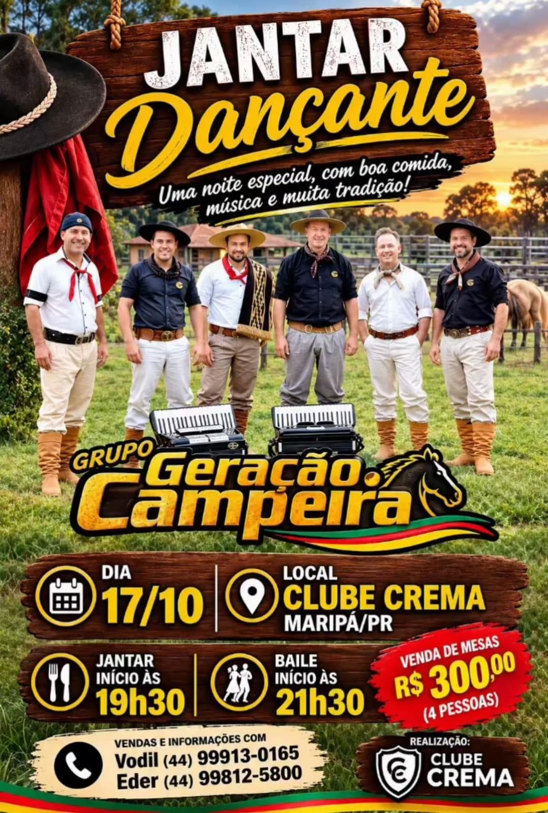 Clube Crema promove Jantar Dançante com Grupo Geração Campeira em Maripá
