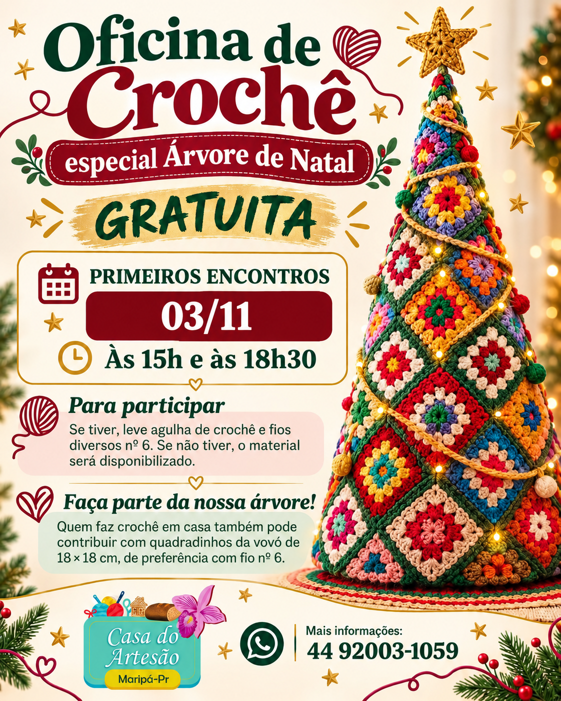 Maripá terá segundo encontro de oficina gratuita de crochê para árvore de Natal