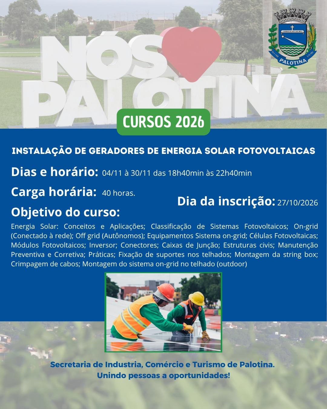 Palotina abre vagas para curso de instalação de sistemas de energia solar
