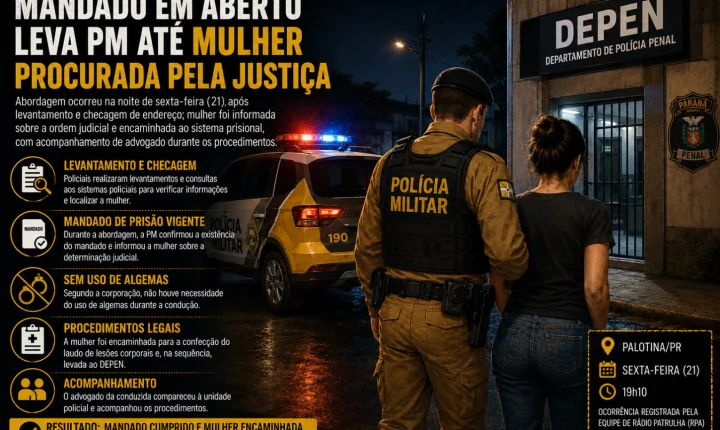 Mandado em aberto leva PM até mulher procurada pela Justiça em Palotina