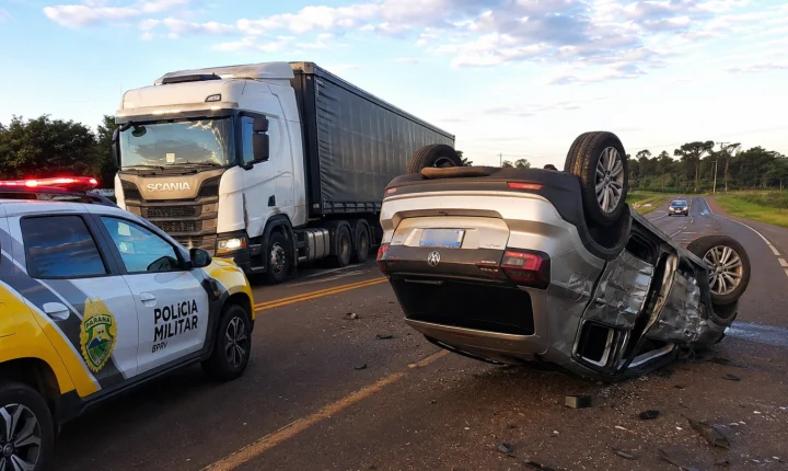 Motorista cochila ao volante, colide com carreta e capota na PR-182 em Palotina