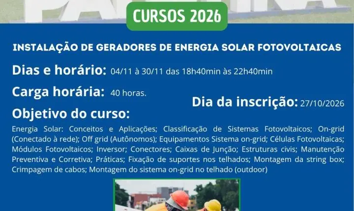 Palotina abre vagas para curso de instalação de sistemas de energia solar