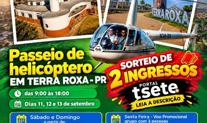 Portal TSete e Helimotors sorteiam dois voos panorâmicos de helicóptero durante o 1º Rodeio da Independência em Terra Roxa