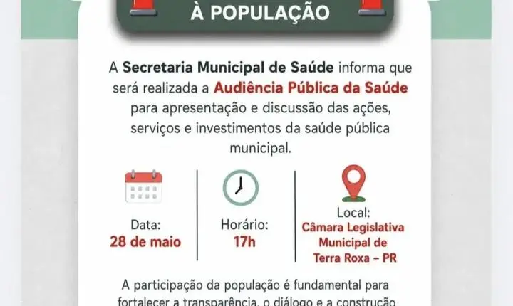 Secretaria de Saúde de Terra Roxa convida população para Audiência Pública da Saúde nesta quinta-feira (28)